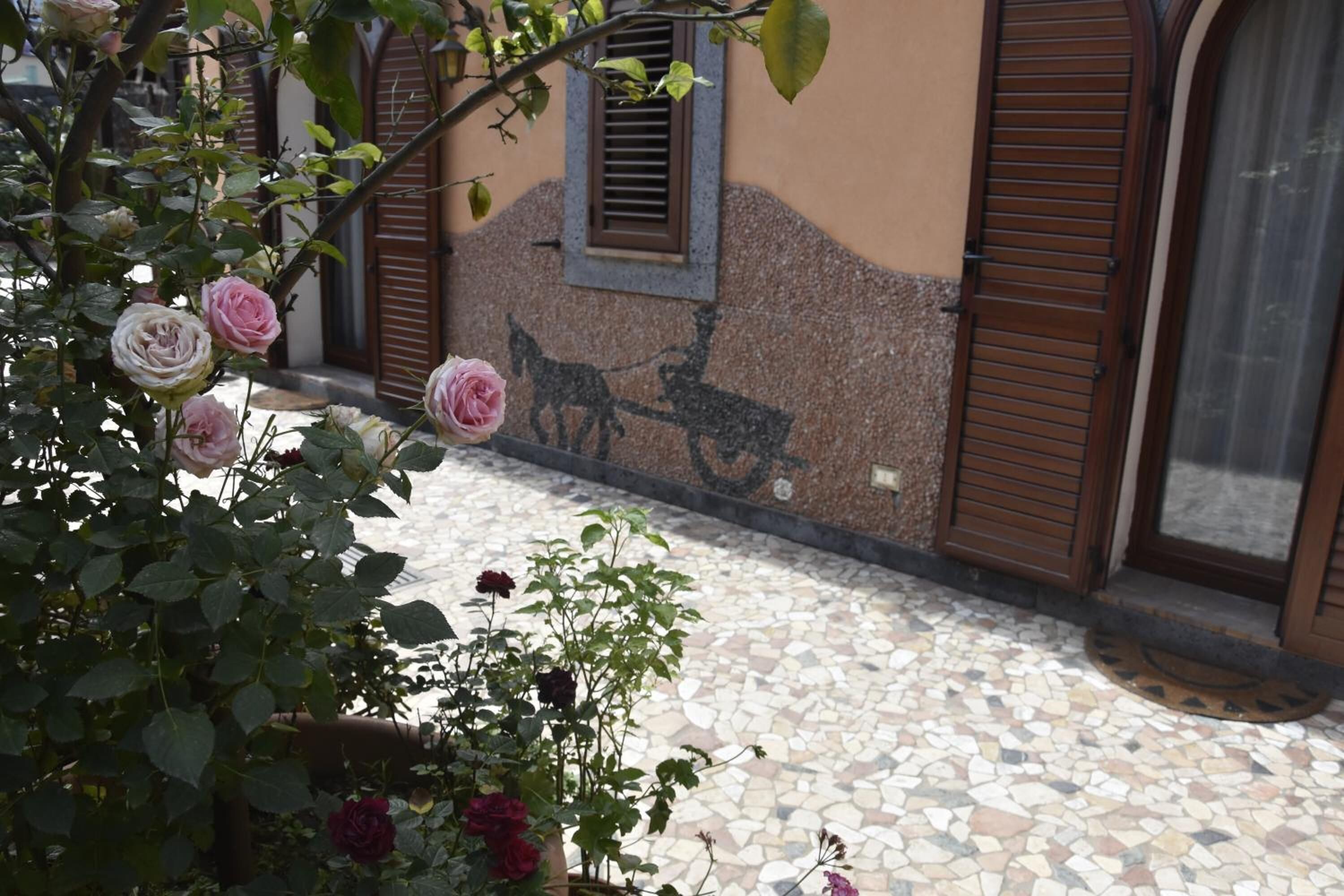 Une cour avec un sol en mosaïque, un rosier et un mur orné d’une fresque représentant un cavalier et son cheval.