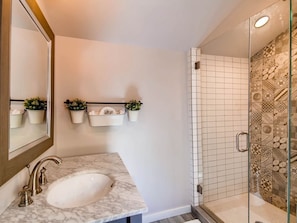 Shower, hair dryer, towels