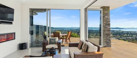 Smart TV, fireplace, DVD player, music library