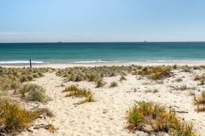 A beach with sand dunes and a clear view of the ocean.