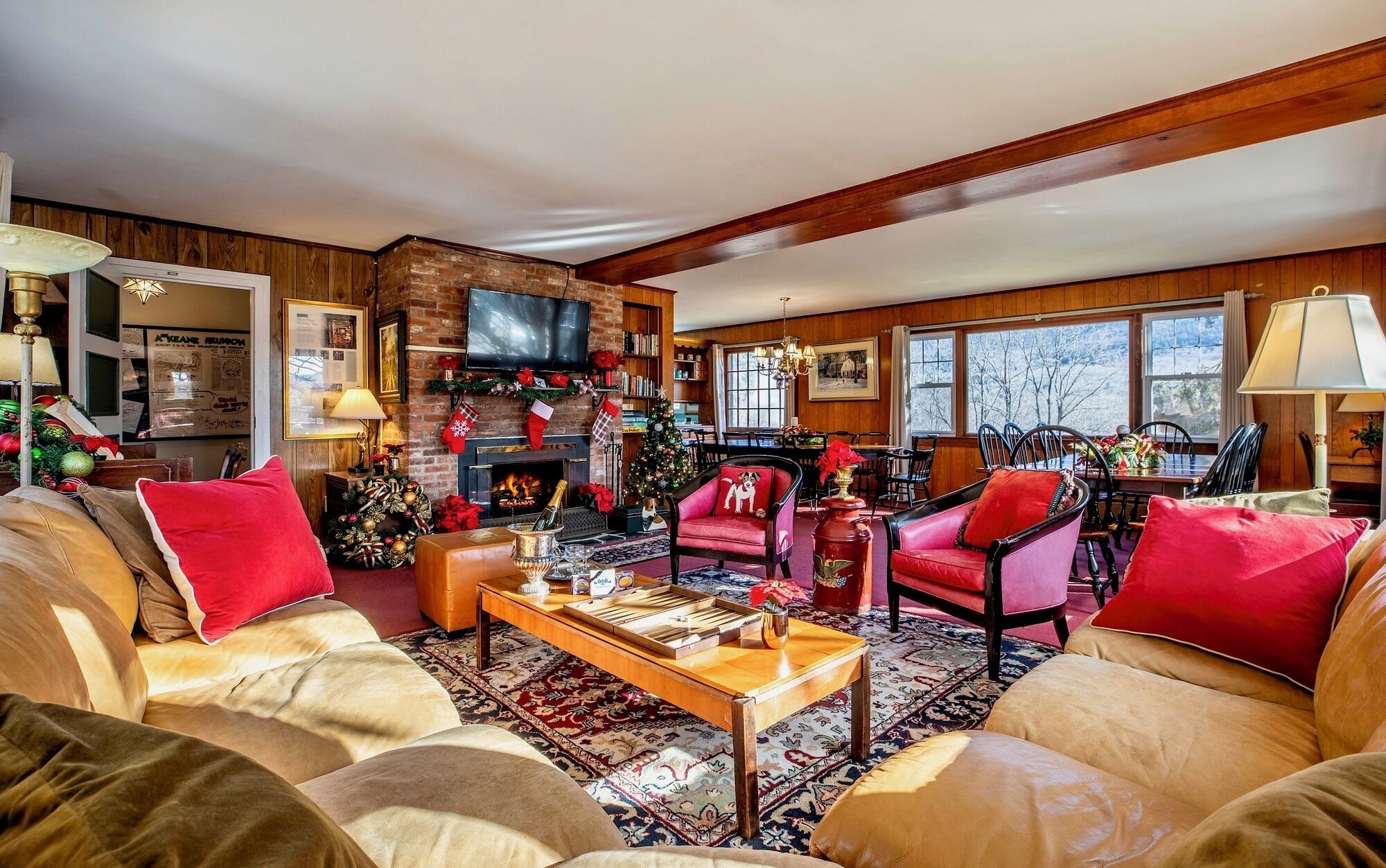 Televisio, takka, DVD-soitin, pöytätennispöytä