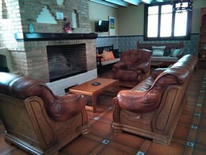 TV, fireplace, table football, ping pong