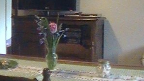 A dining area with a table, chairs, a vase with flowers, a painting on the wall, and a television.