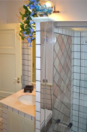 Hair dryer, towels, soap, toilet paper
