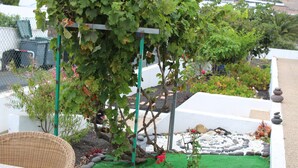 A garden with a pergola, a small pond, and a wicker chair. - Casangeles Holiday Homes (Mozaga)
