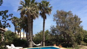 Ein Swimmingpool mit Liegestühlen, Palmen und einer Hängematte.