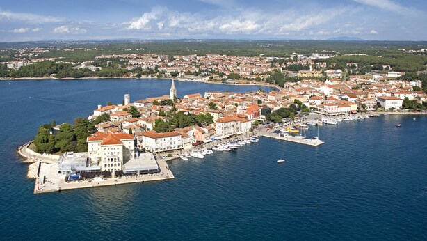 An aerial view of a coastal town with a marina, historic buildings, and a prominent tower. - Pet-friendly vacation home right by the sea - last minute promotion 15% discount (Novigrad)