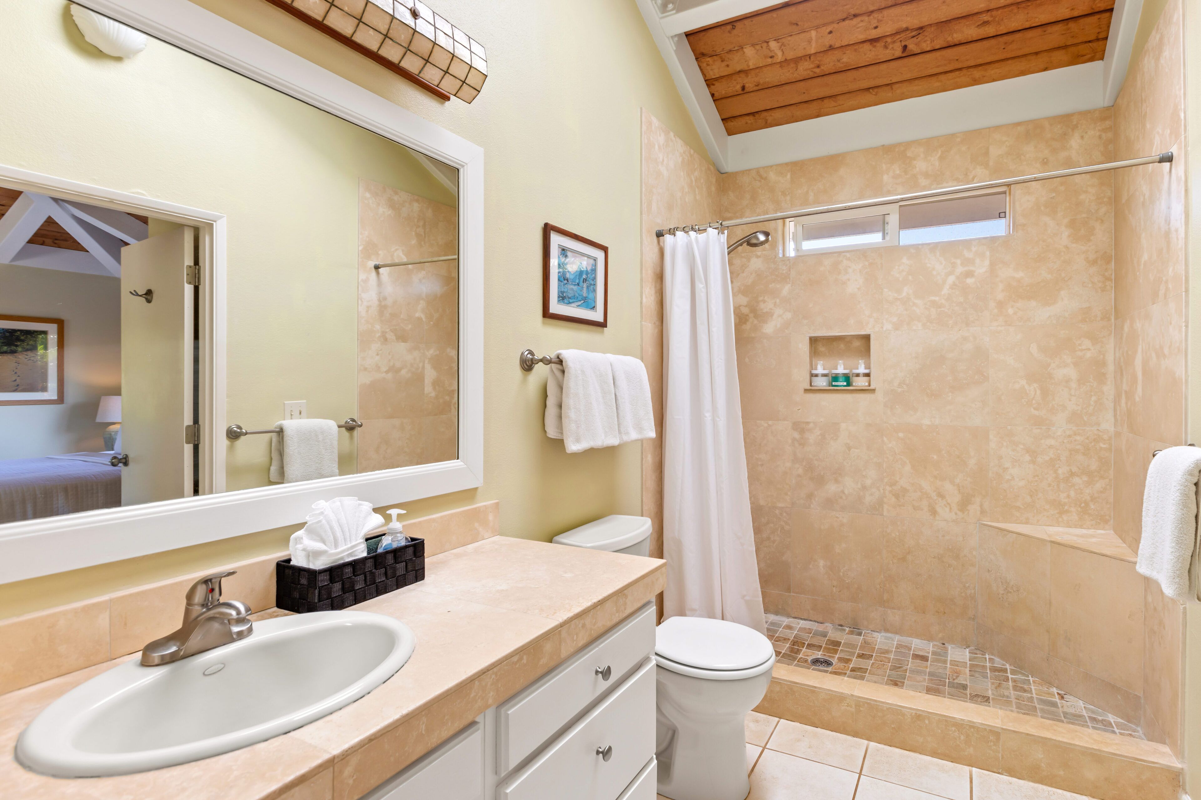 Bathtub, hair dryer, towels, toilet paper