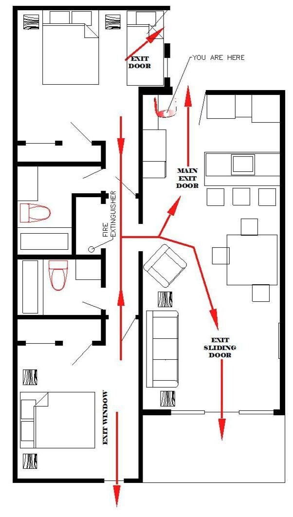 A hotel floor plan with multiple rooms, an exit door, a fire extinguisher, and a main exit door.