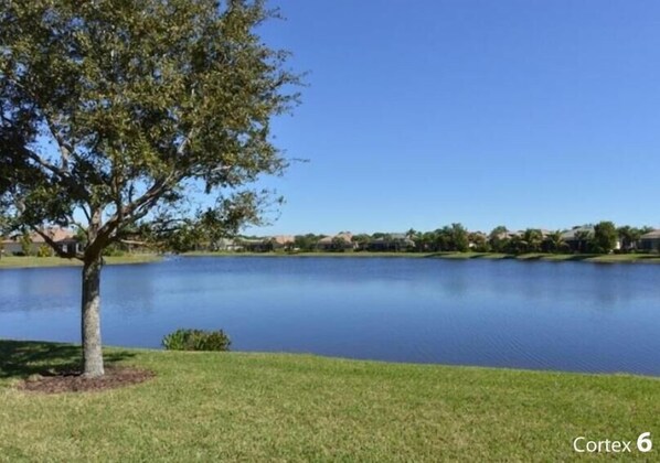 A lake with a tree in the foreground and houses in the background. - Waterfront View with Private Pool in Gated Golf Community (Port Charlotte)