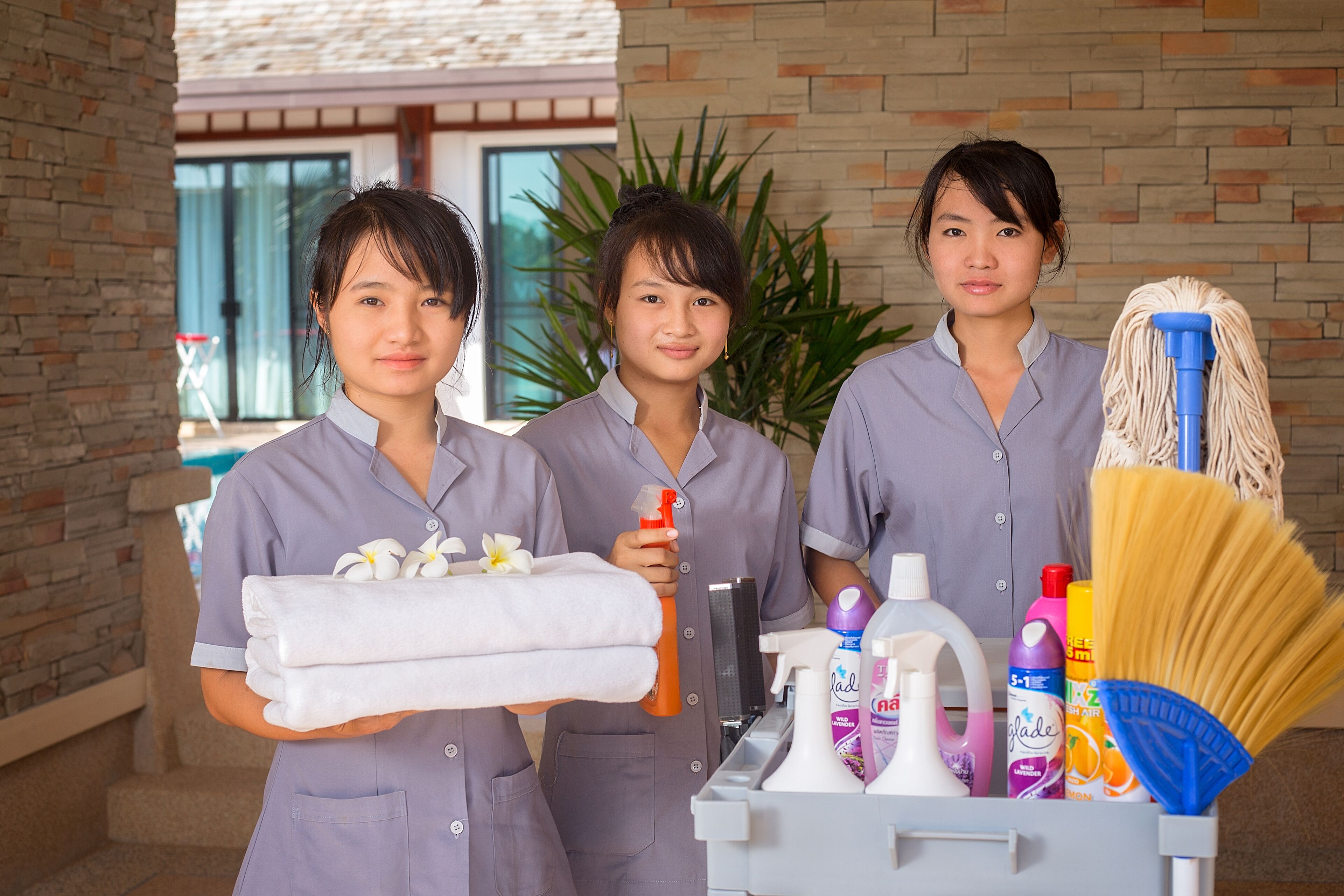 Three individuals in uniform holding towels and cleaning supplies, standing in a room with a brick wall and a plant in the background.