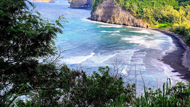 A coastal landscape with cliffs, a beach, and dense greenery. - Amazing VIEWS, Spacious, Farmstead Living, Hosts with Aloha (Hawi)