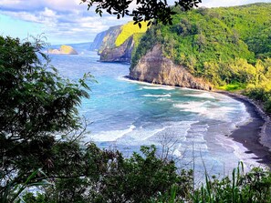 A coastal landscape with cliffs, a beach, and dense greenery.