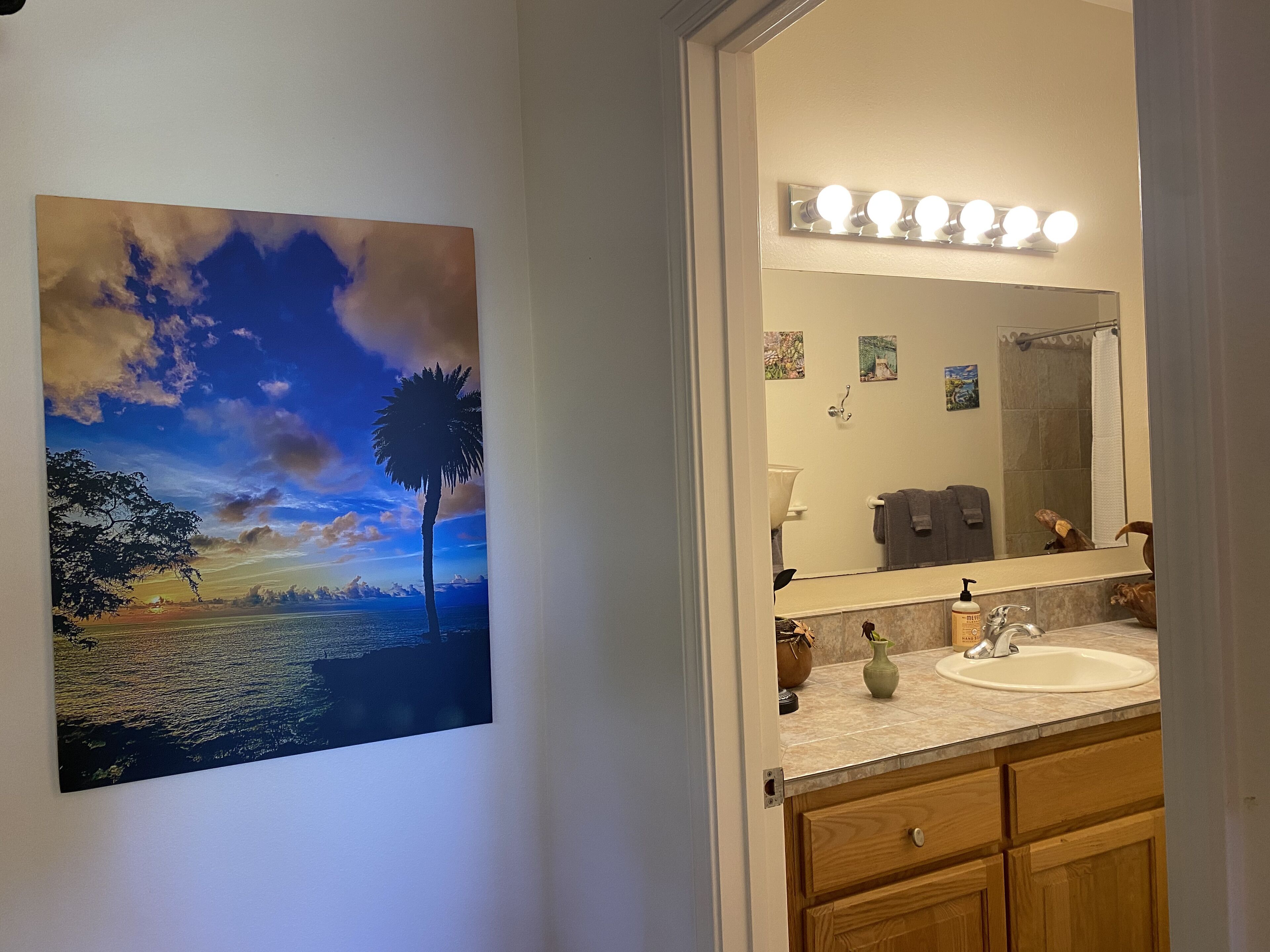 Combined shower/tub, hair dryer, towels, soap