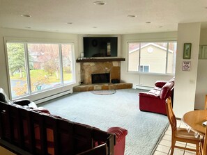 Smart TV, fireplace, video games, DVD player