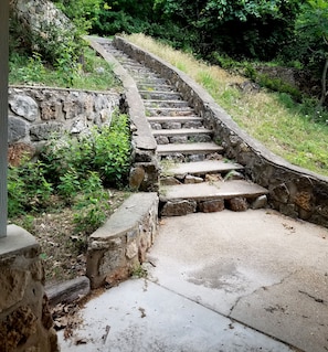 Steps lead to a stone wall surrounded by lush greenery.