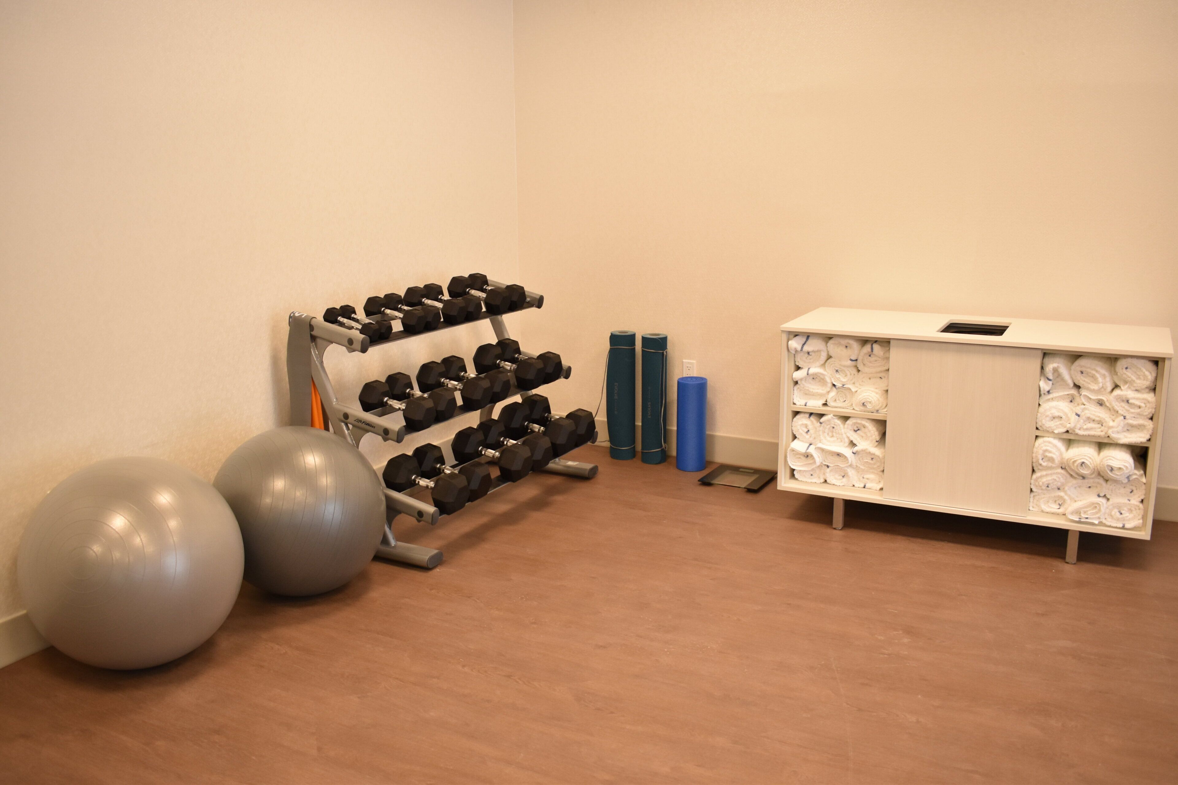 Une salle de sport équipée de matériel d’exercice, notamment des haltères et des ballons d’exercice, ainsi qu’un espace de rangement pour les serviettes.