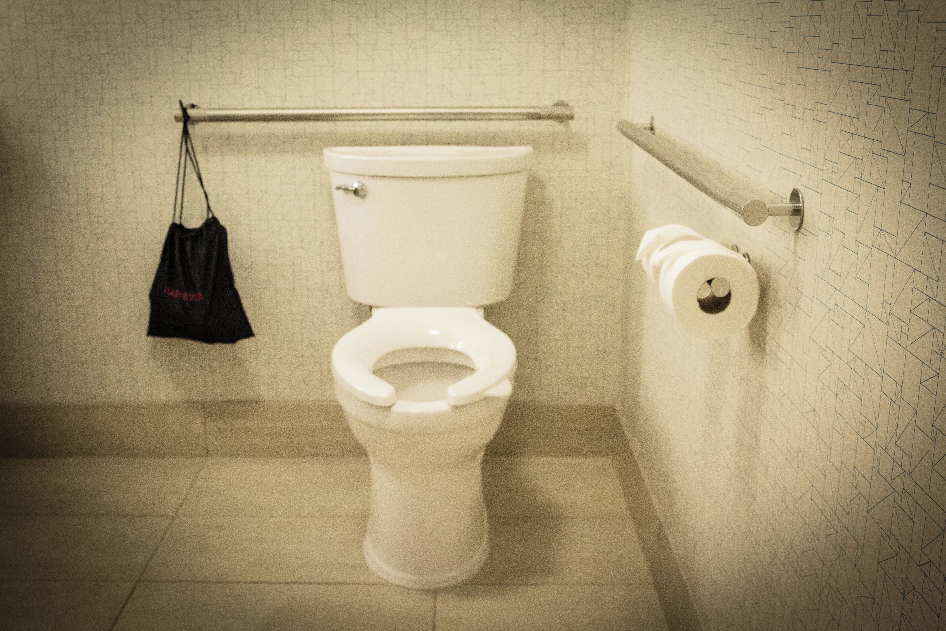 A toilet with a toilet paper holder and a bag hanging on a rack.