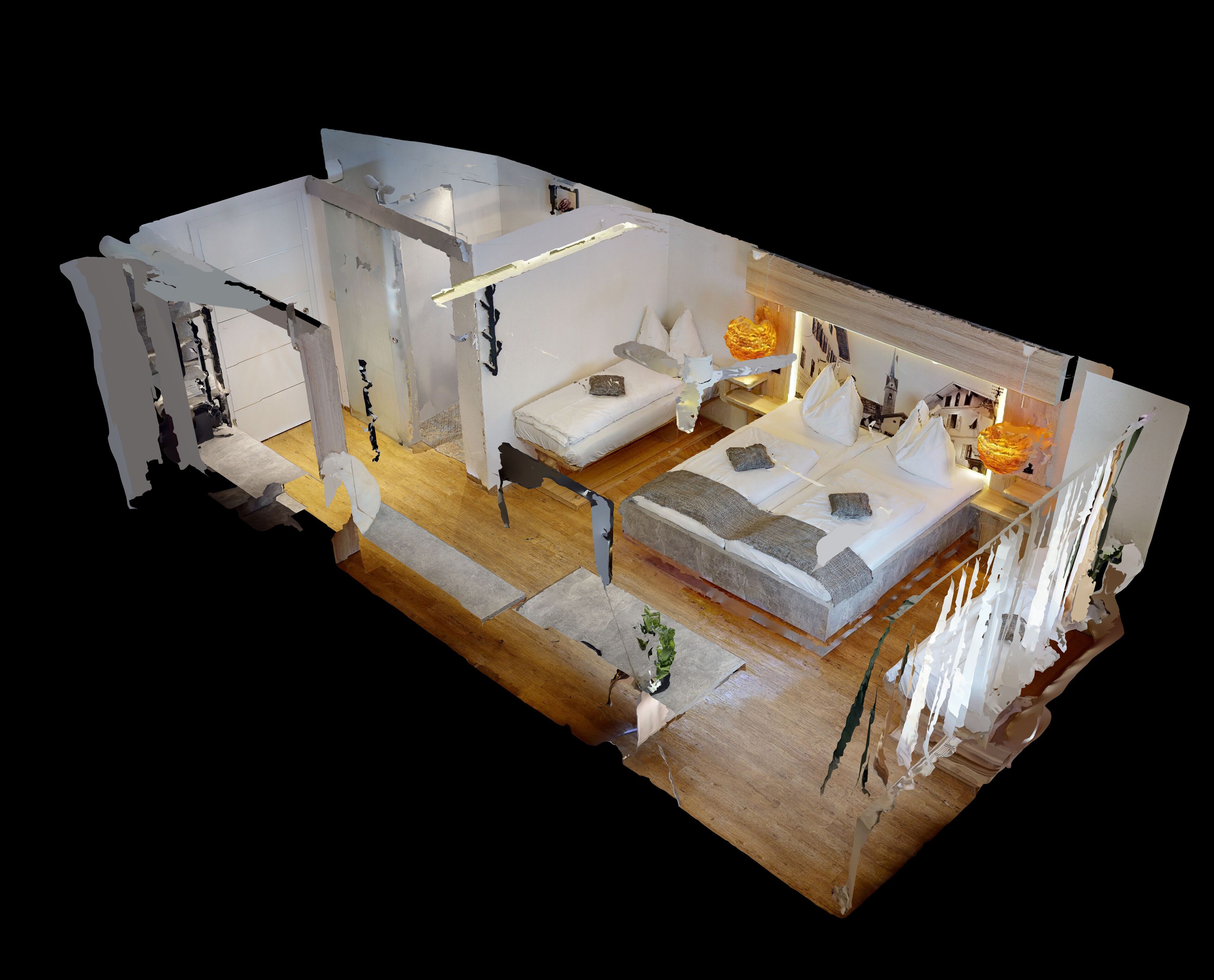 Un modelo 3D de una habitación de hotel con una cama, mesitas de noche, un sofá y una pequeña mesa.