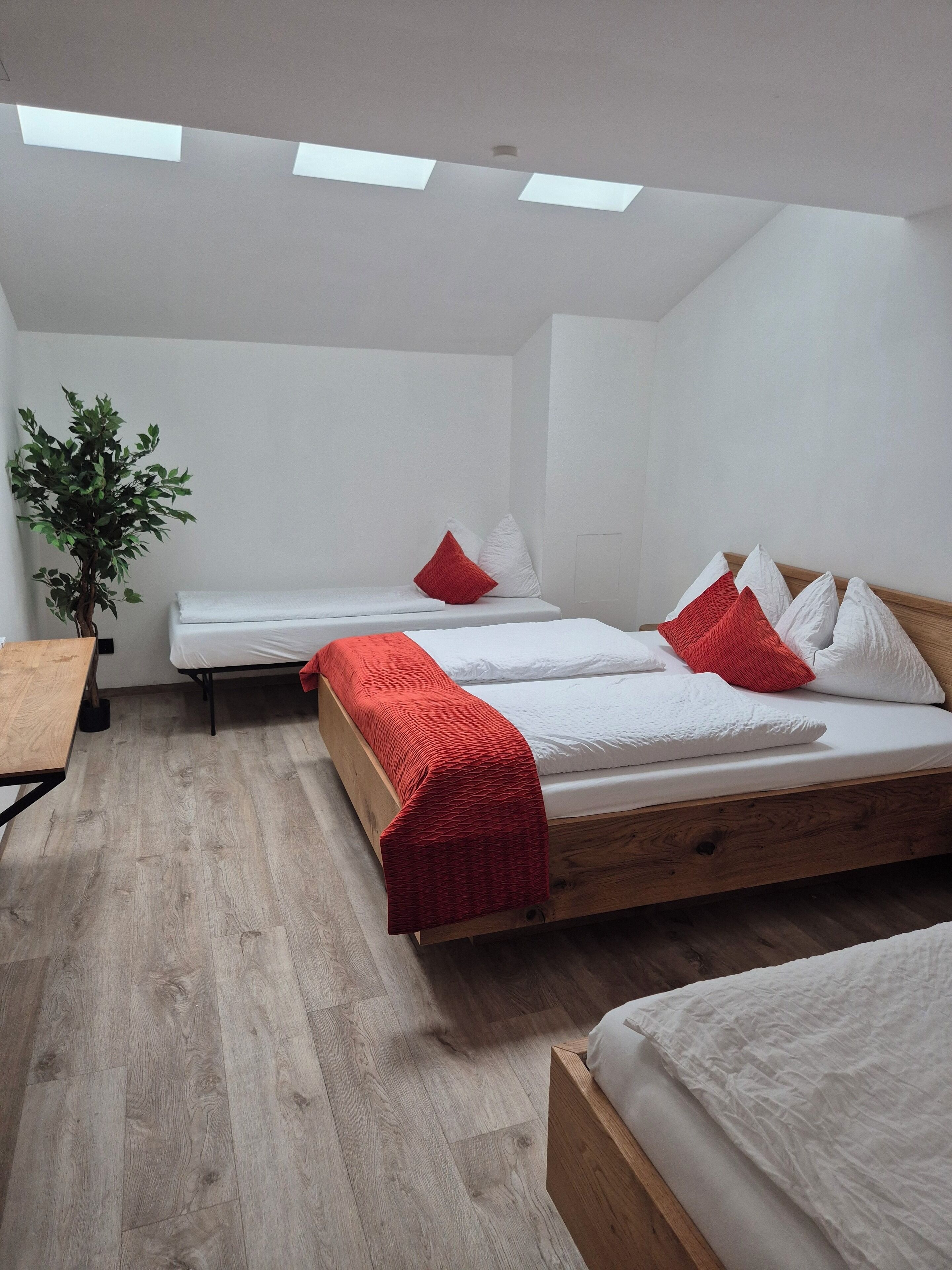 Een moderne hotelkamer met twee eenpersoonsbedden, een houten bureau en een bloempot.