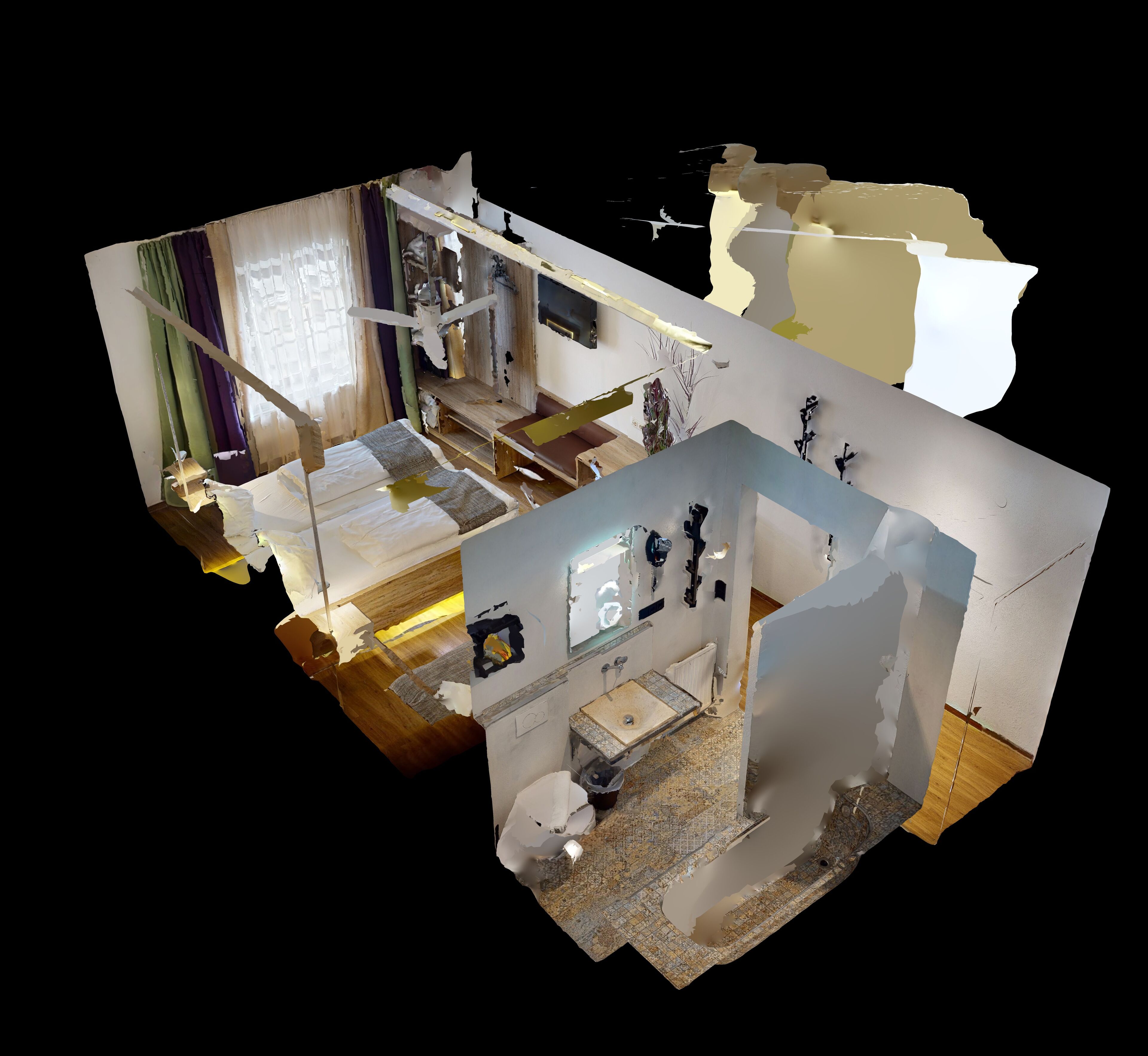 Un modèle 3D d’une pièce comprenant un lit, un bureau, une chaise, une fenêtre avec des rideaux, un radiateur et un lavabo.
