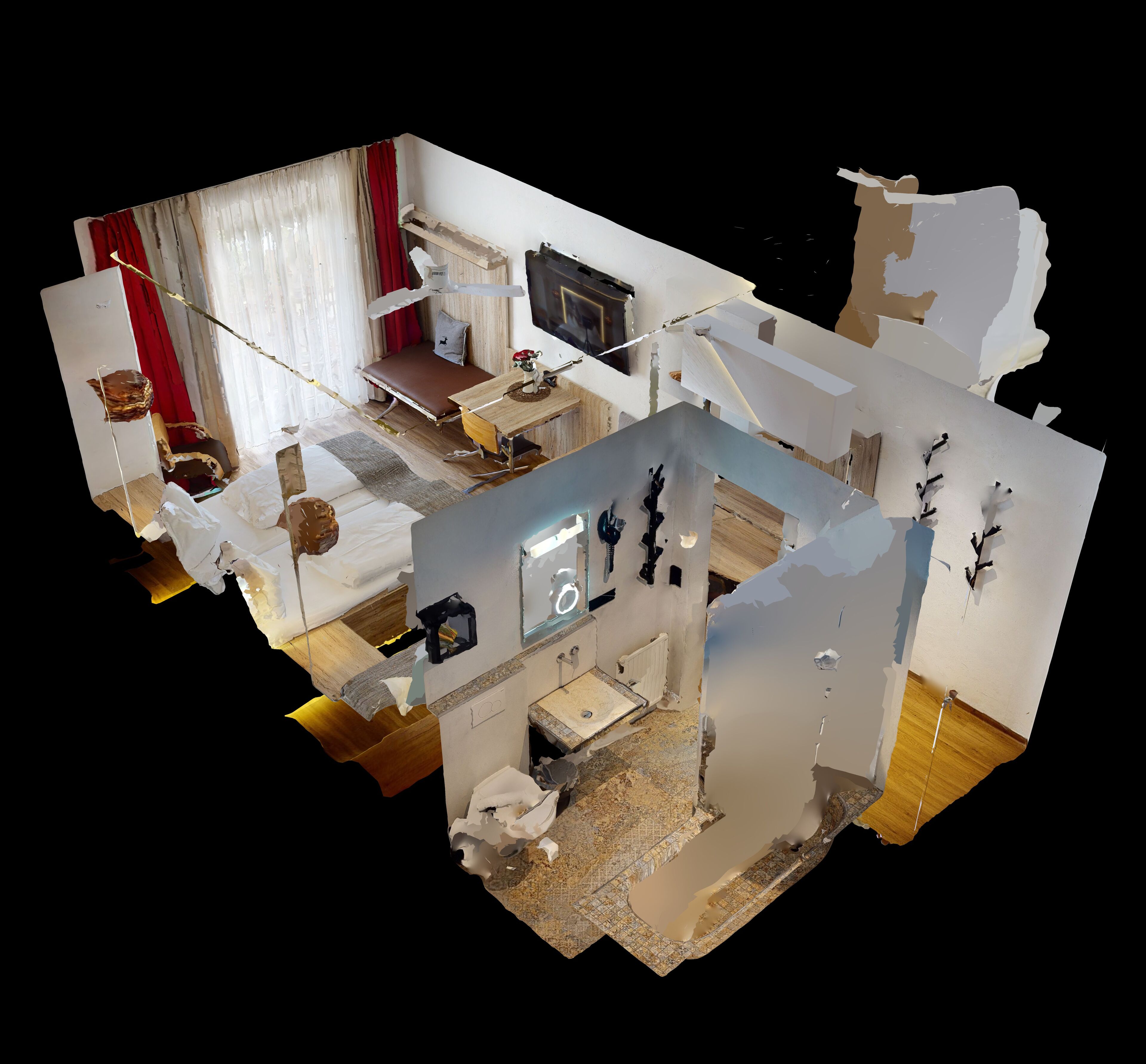 A 3D model of a room with a bed, a desk, a chair, a radiator, and a window with curtains.