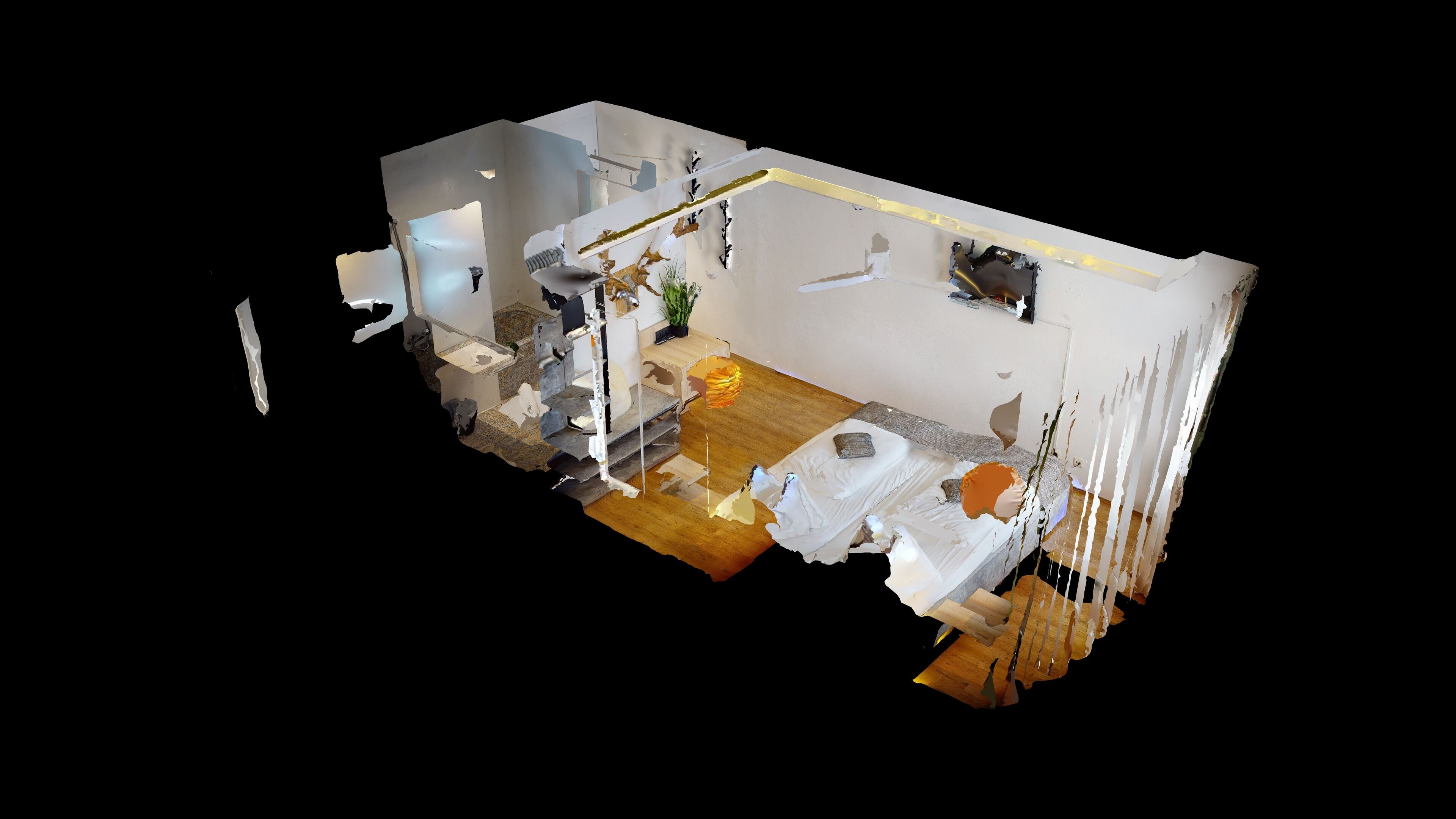 Un modèle 3D d’une pièce comprenant un lit, un bureau, une chaise, une plante et un téléviseur fixé au mur.