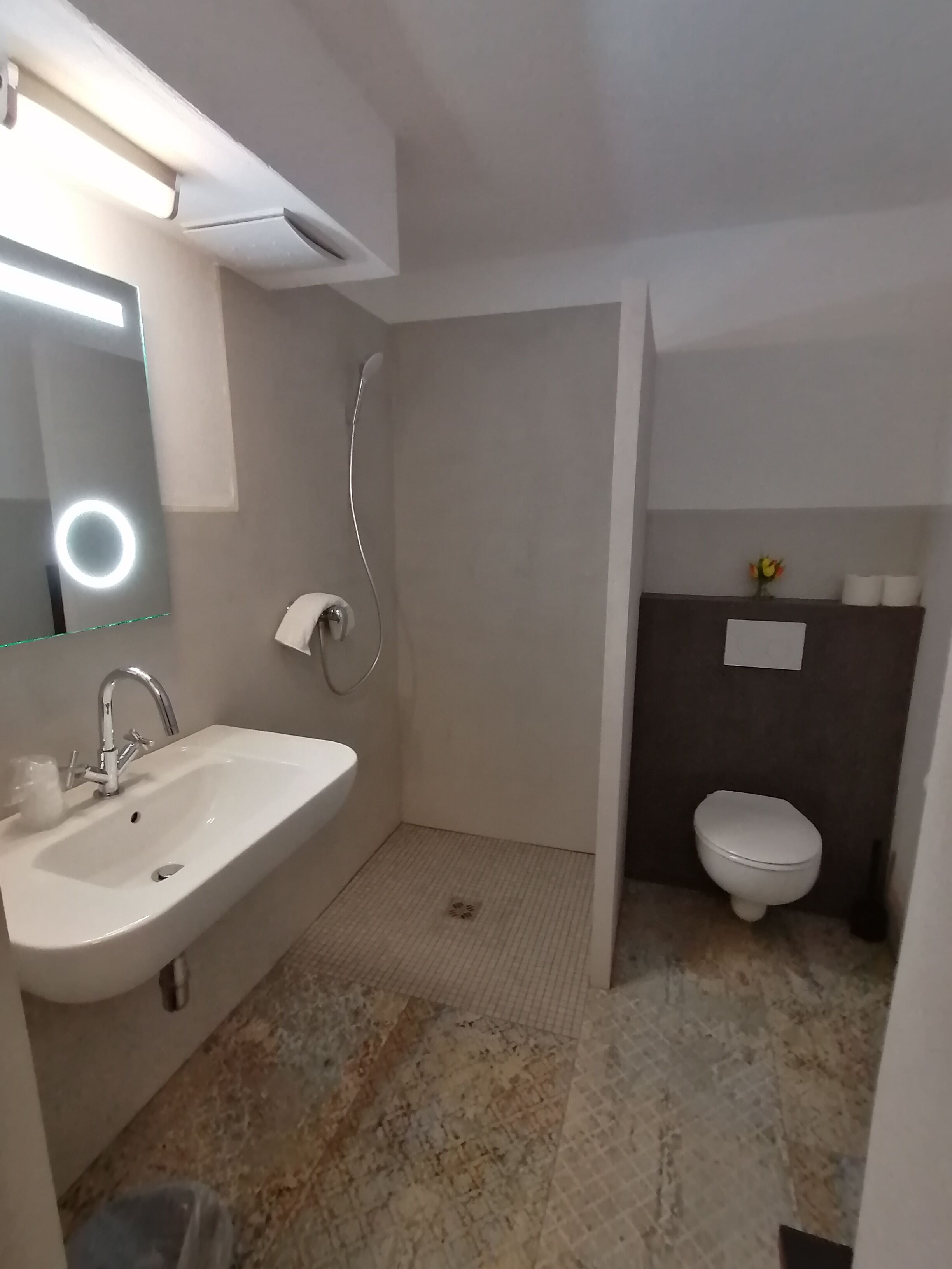 A bathroom with a sink, mirror, shower, and toilet.