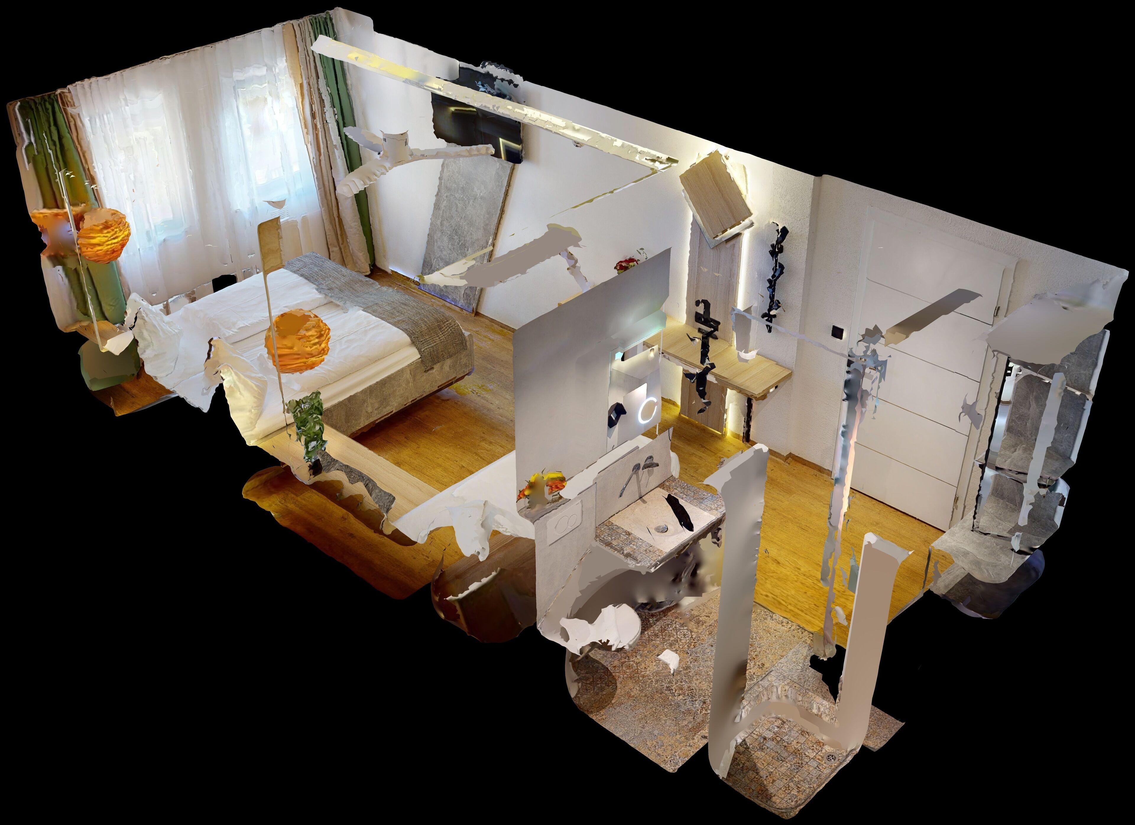 A 3D model of a hotel room with a bed, a desk, a bathroom, and a living area.