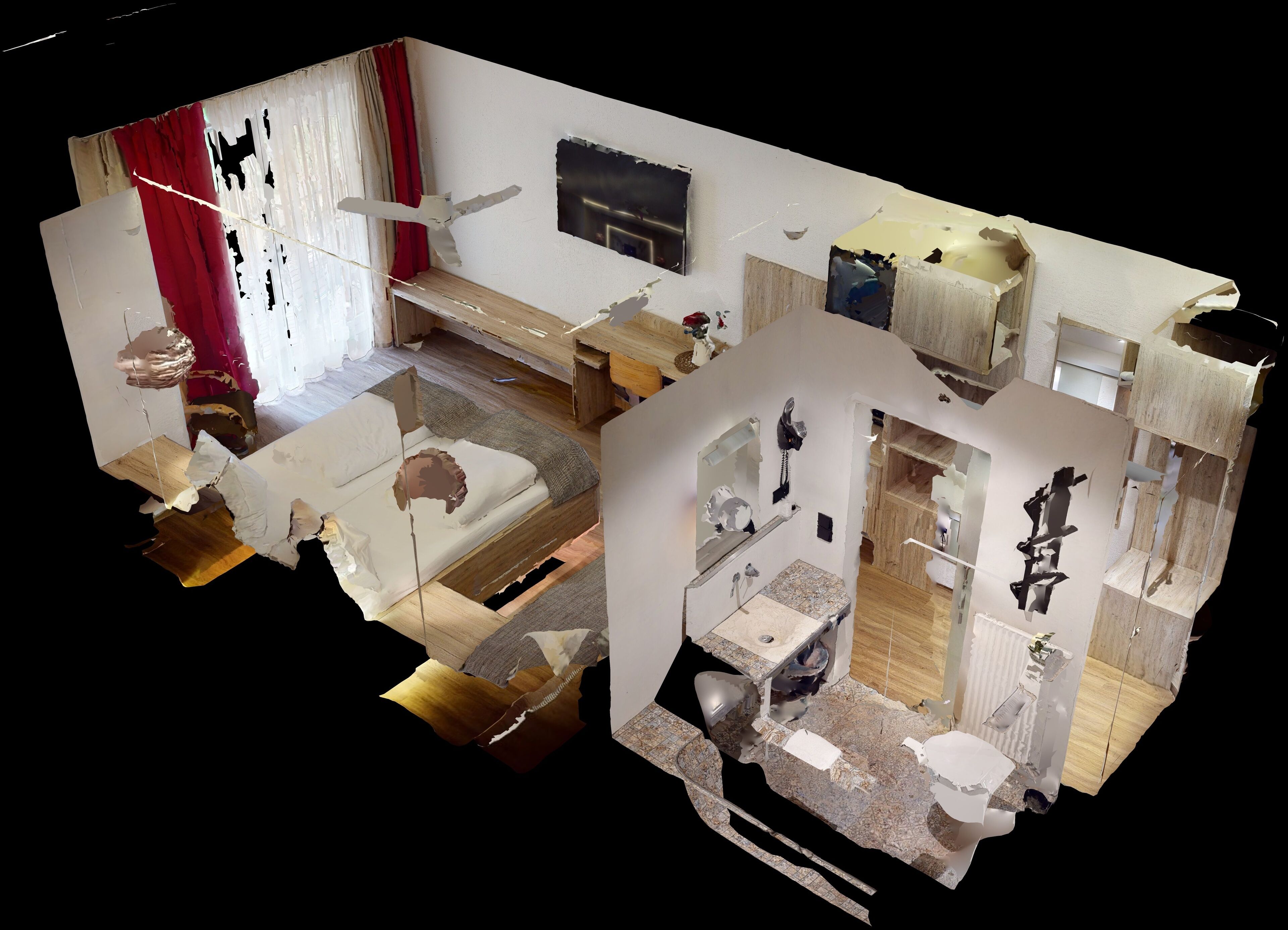 A 3D room layout with a bed, bedside table, mirror, and a small bathroom with a sink and toilet.
