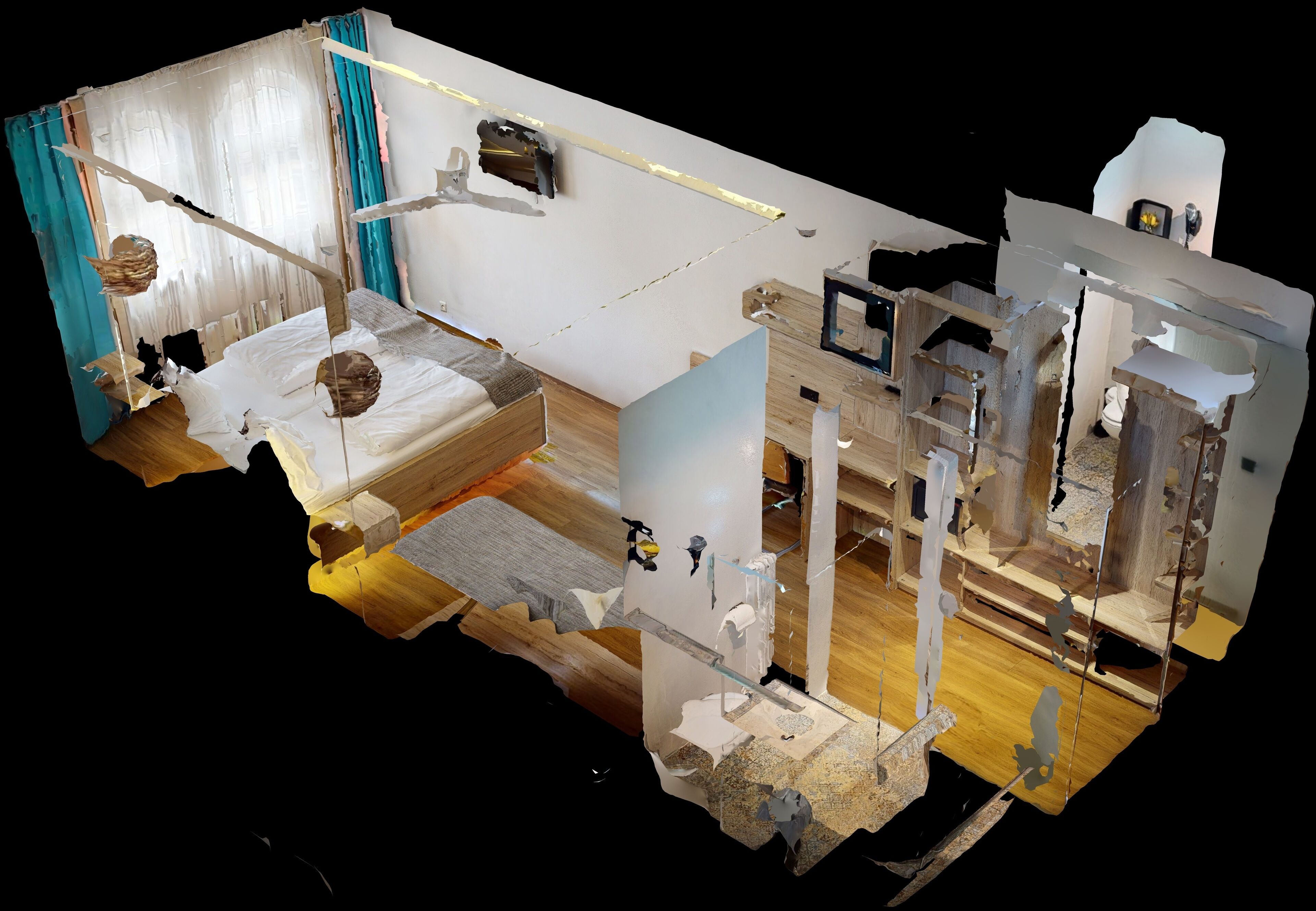Un modelo 3D de una habitación de hotel con cama, escritorio, silla, armario y baño.