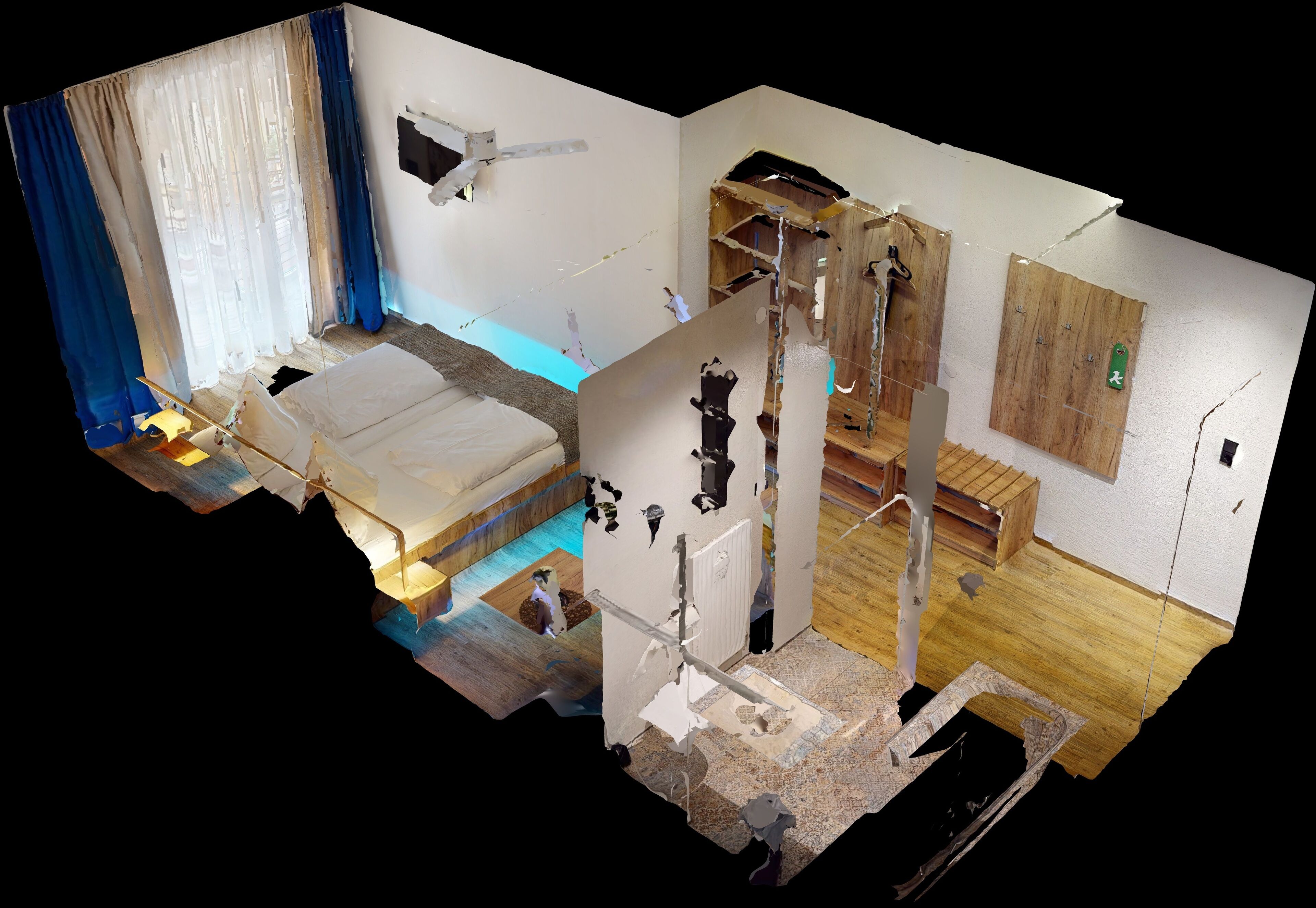 Una habitación con una cama, un armario de madera, un radiador y una ventana.