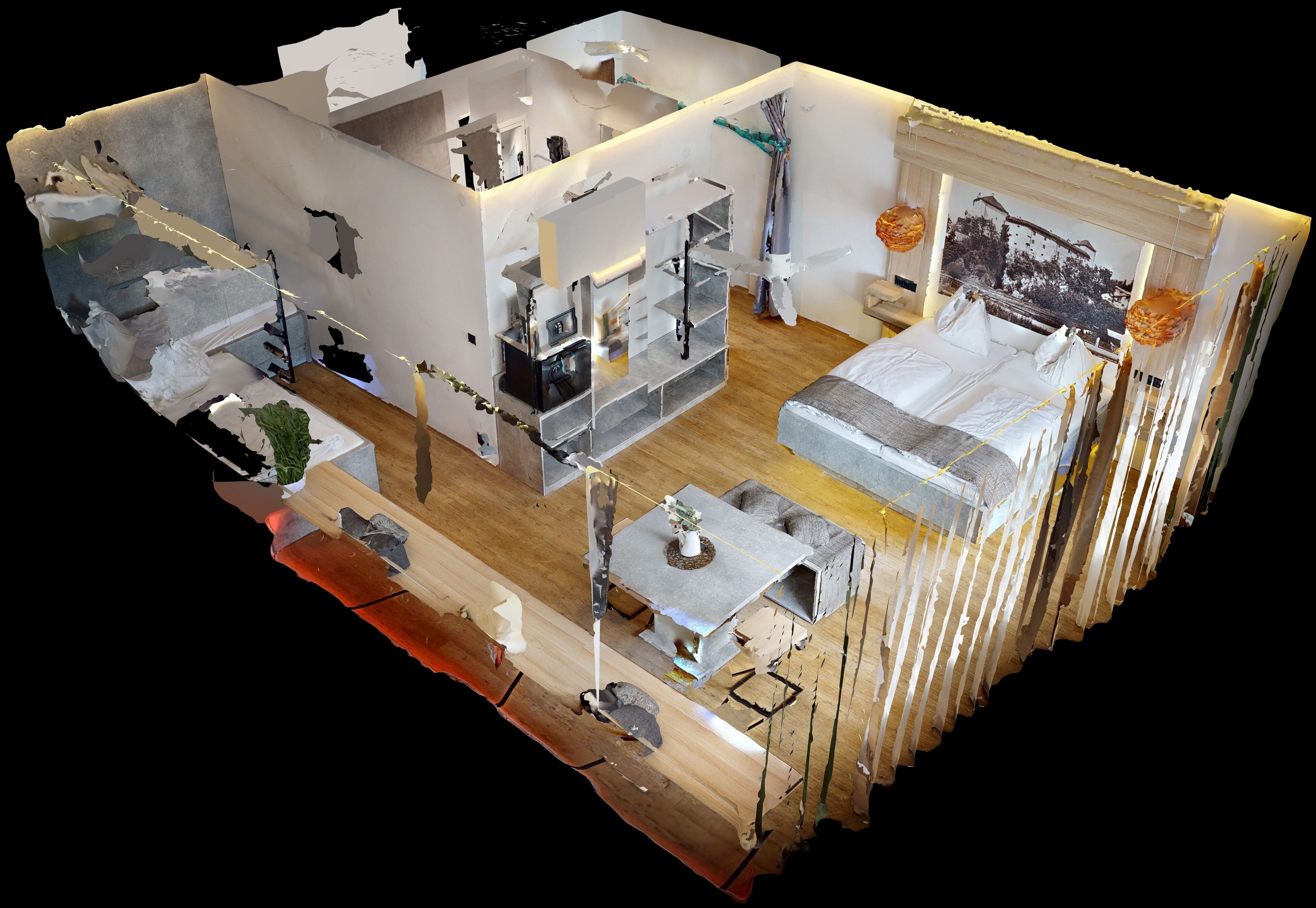 A 3D model of a hotel room with a bed, a desk, a chair, a small table, and a sofa.