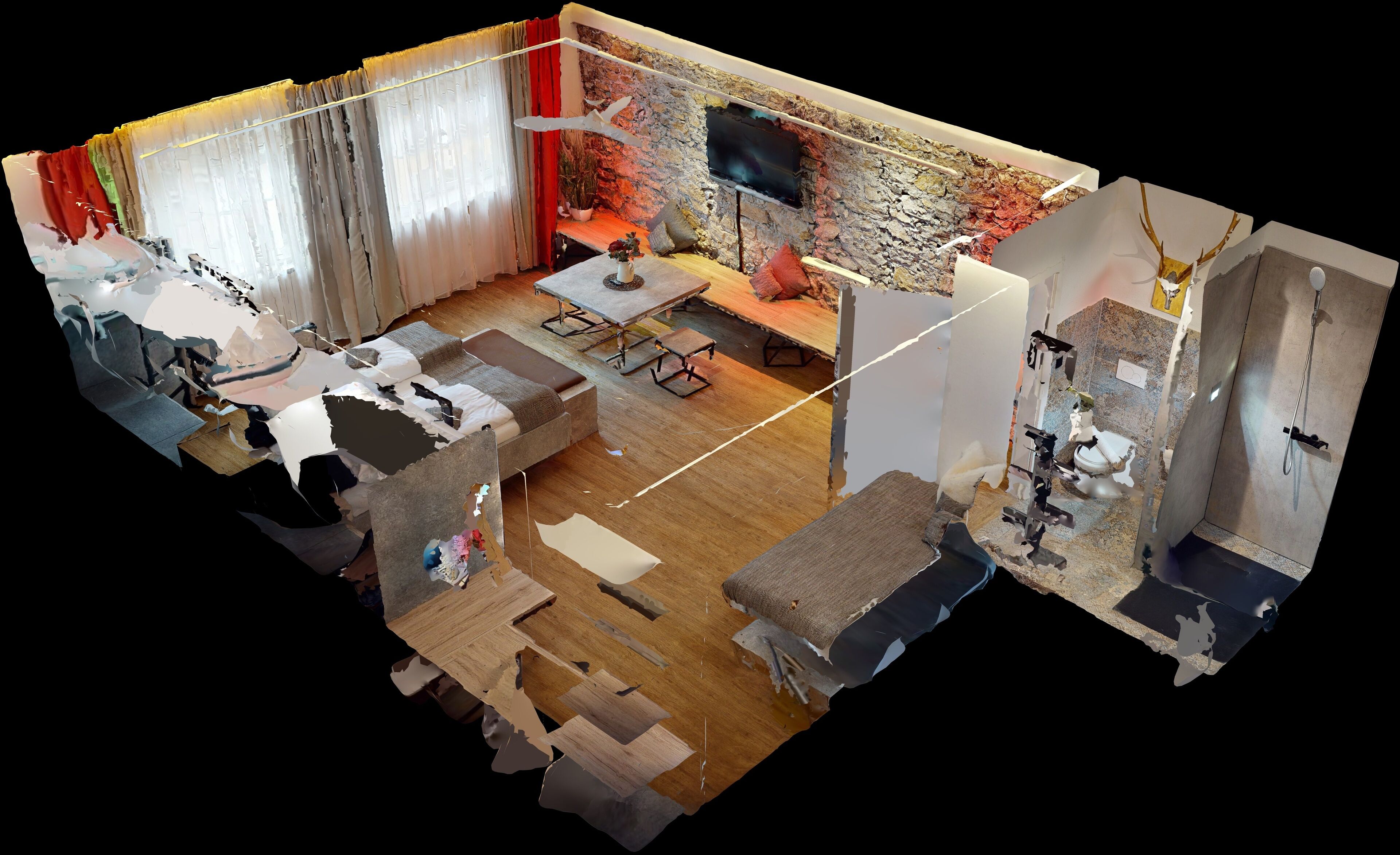 En 3D-model af et hotelværelse med stenvæg, fladskærms-tv, sofa, spisebord og bruseområde.