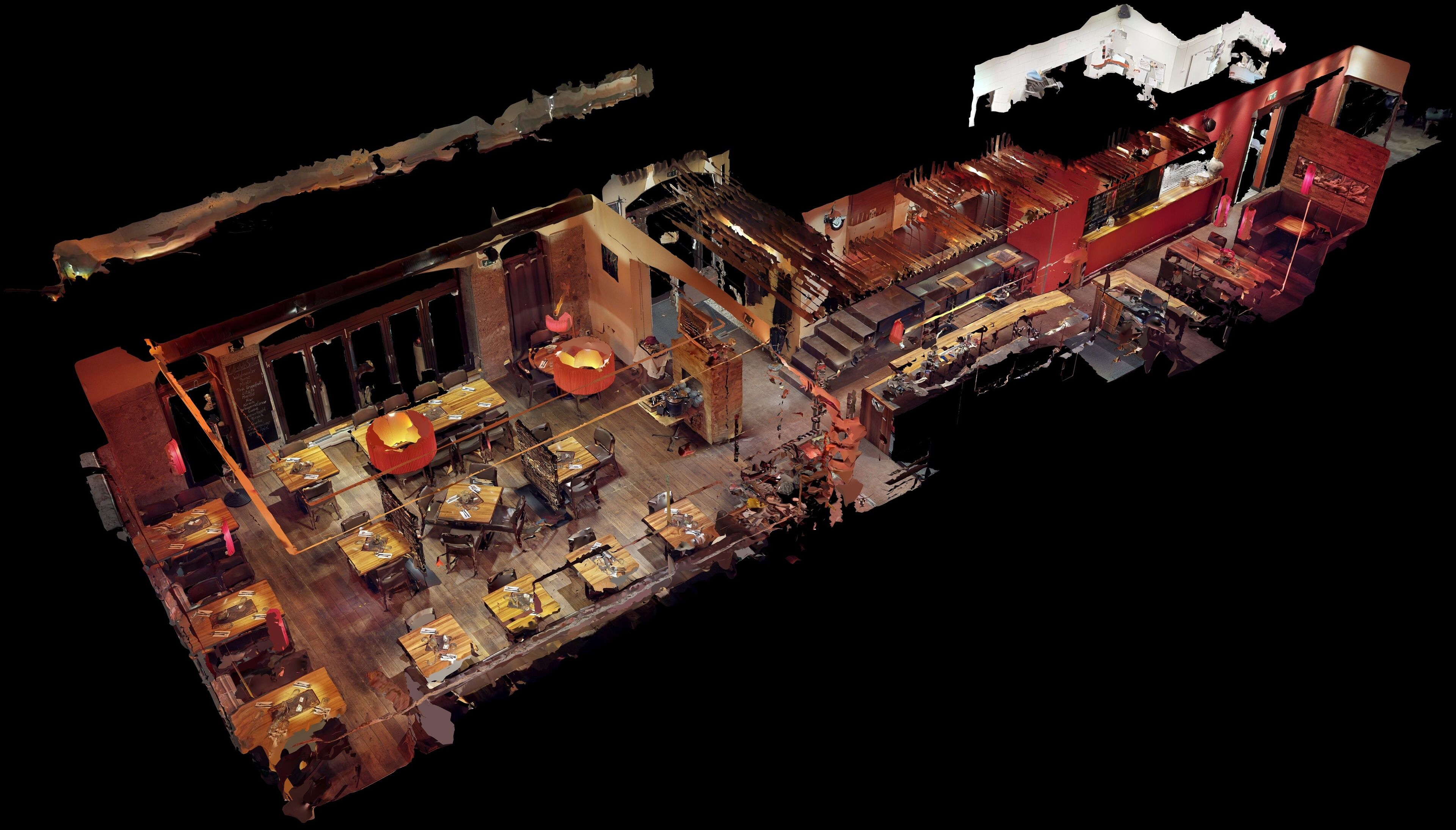 An interior view of a restaurant with a bar area, seating arrangements, and a staircase leading to an upper level.