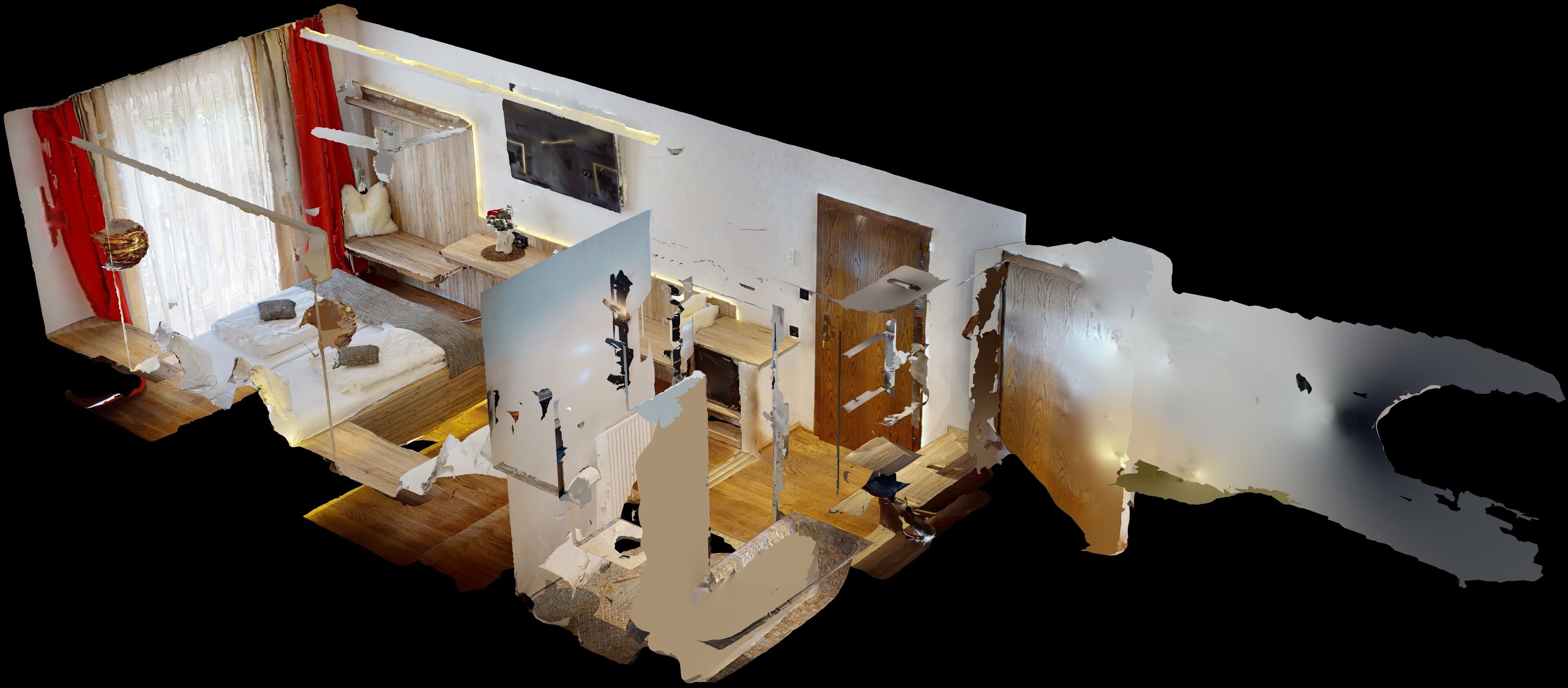 Modelo tridimensional de una habitación con cama, ventana con cortinas, una mesita con una planta y una puerta.