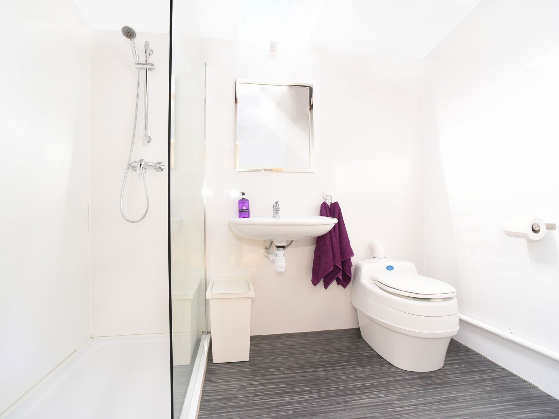 A modern bathroom with a glass shower enclosure, a white sink, a toilet, and a small trash bin.