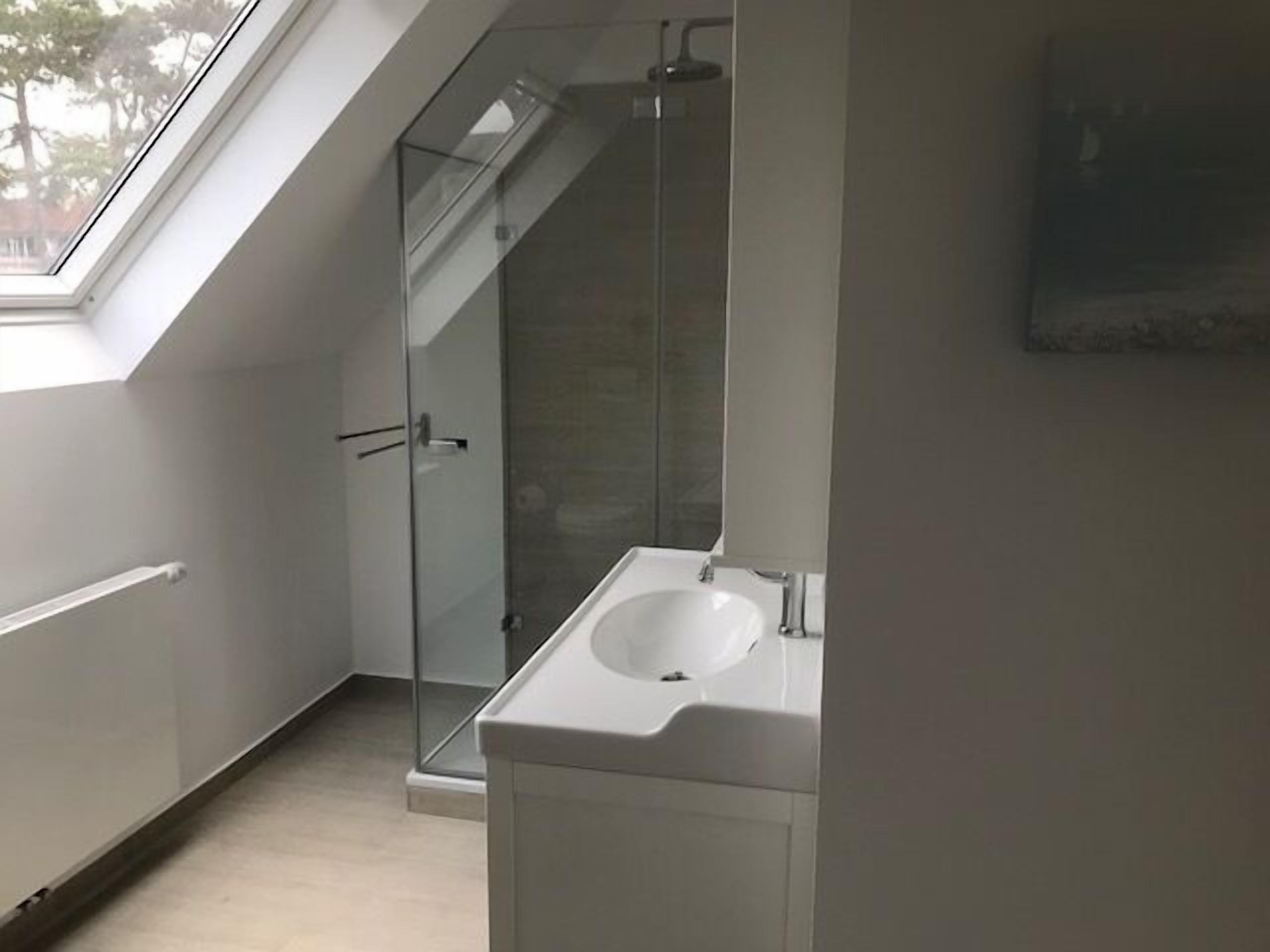 A modern bathroom with a skylight, a glass shower enclosure, and a white sink.