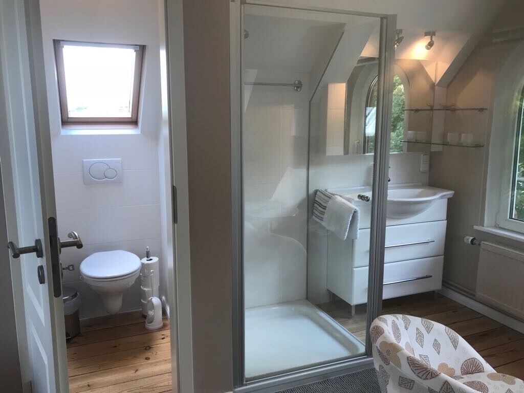 Een badkamer met een douchecabine van glas, toilet en wastafel.