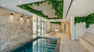 Indoor pool, seasonal outdoor pool, pool loungers