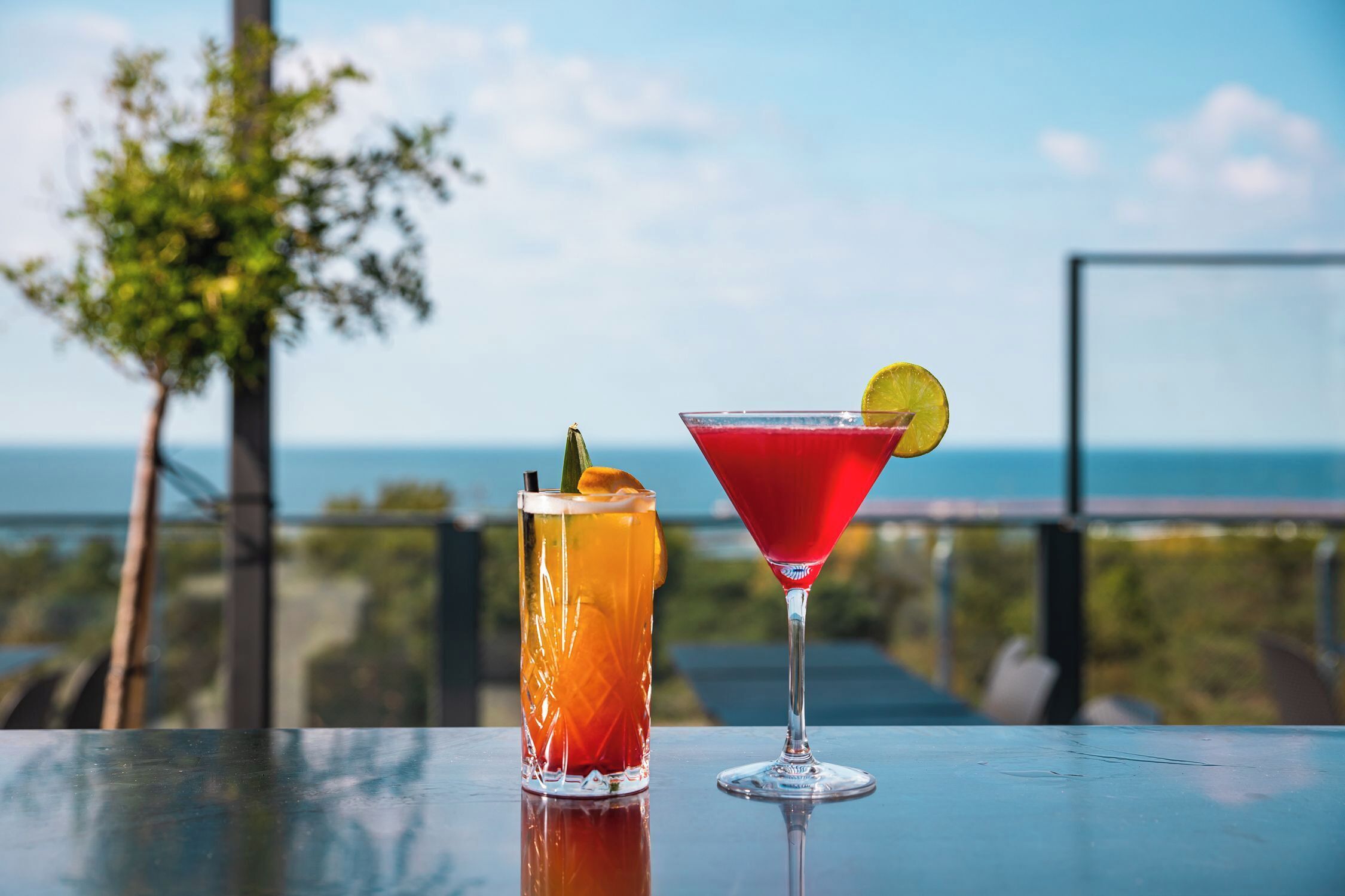 Two cocktails on a table with a view of the ocean and trees in the background.