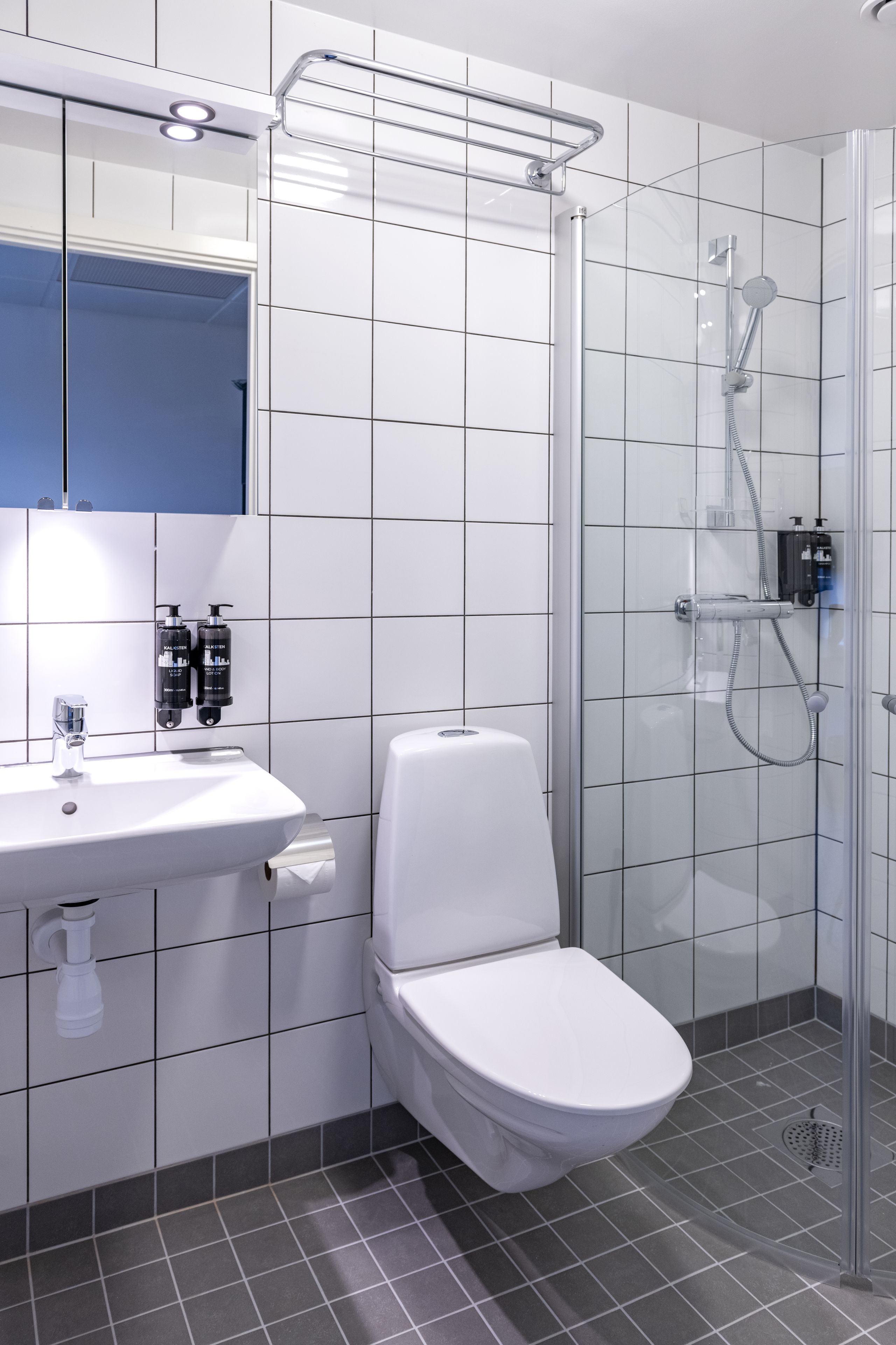 A modern bathroom with a white sink, toilet, and glass-enclosed shower.