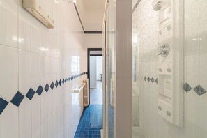 Shower, hair dryer, bidet, towels