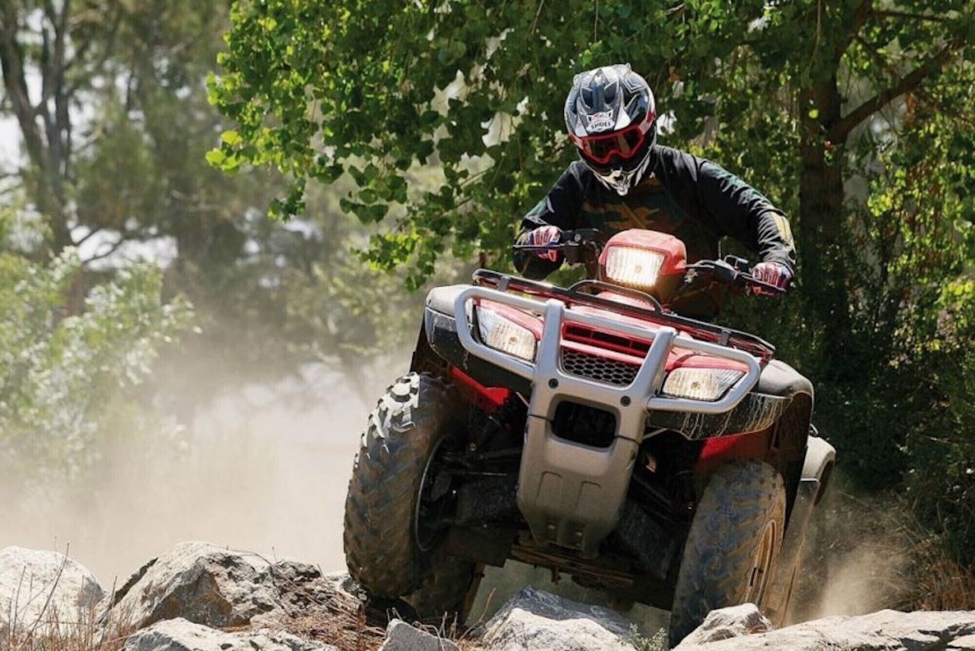 A person riding an ATV in a forested area.