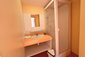 A bathroom with a sink, mirror, and shower enclosure. - Les Essertets - Vacances ULVF (Praz-sur-Arly)