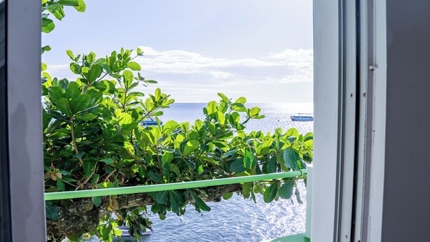 A view from a window with a view of the sea and boats. - Ocean's Edge Lodge Restaurant & Bar C (Roseau)