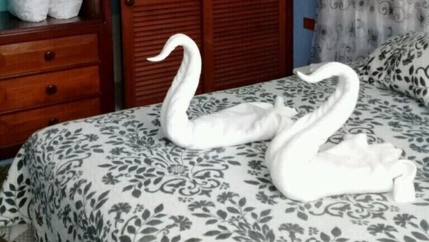 A bedroom with a bed, a wardrobe, and a pair of white shoes on a shelf. - Hostal Marisol y Marcos (Ciénaga de Zapata)