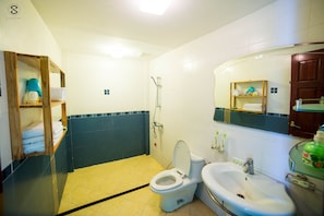 Regadera, secadora de cabello, bidet, toallas