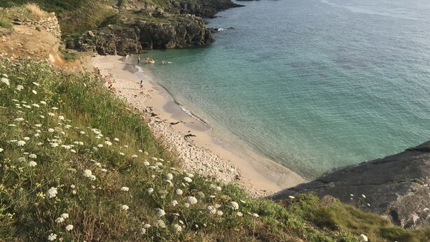 A coastal landscape with a sandy beach, grassy hills, and clear blue water. - Le Clos de la Pointe Saint-Mathieu, Breton villa **** 180 ° sea view 2-13 pax (Plougonvelin)