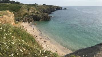 On the beach, sun-loungers